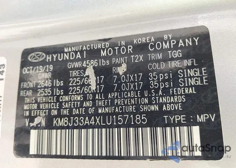 2020 Hyundai Tucson Value from USA, damaged, VIN KM8J33A4XLU157185